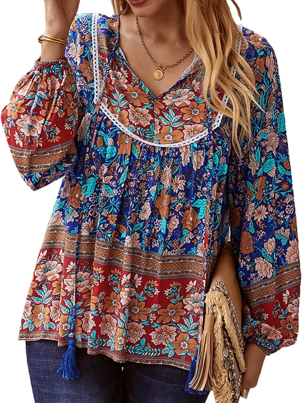 Pretty Garden XL Boho Floral Peasant Blouse Long Sleeve Tassel Tie Lace Trim